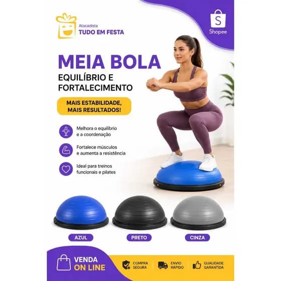 Meia Bola Suiça Balance Dome Ball BOSU Pilates Equilíbrio Alça CINZA