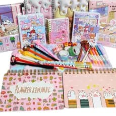 Kit Papelaria Kawaii Diversos itens Criativos Fofos Planner Marca-texto Washi Tape Caneta Adesivo Clipes Luxo