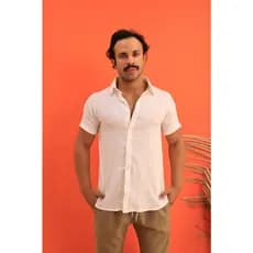 Camisa de Linho Manga curta Social Masculina Elegante Verão Versátil Premium em Visco - Linho Dia dos Pais