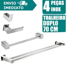 Kit 4 Peças Inox Toalheiro Duplo Acessórios Banheiro Lavabo Aço Inox 304 Para Toalha Papel Higienico