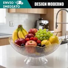 Fruteira Saladeira Centro de Mesa Acrílico Canelado Borda Dourada Com Pé Luxo Sofisticado Decoração