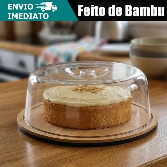 Boleira Queijeira Bambu Grande Com Tampa De Acrílico Porta Bolo Torta Pudim Queijo 28cm Ecológica