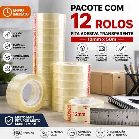 Fita  Durex adesiva Transparente 12mmx50m Pacote C/ 12 Unidades