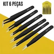 Kit Jogo 6 Pinças ESD Antiestática Ferramenta Precisão Profissional Aço Inox Reparo Eletrônico