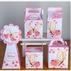 Kit Festa Infantil Jardim das Borboletas Rosa Pegue e Monte Caixas Personalizadas