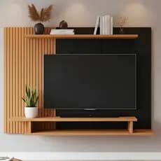 QUEIMA DE ESTOQUE! Painel para TVs de 43 até 55 Polegadas Ripado 3D Rack Suspenso com Nichos e Prateleira para Sala