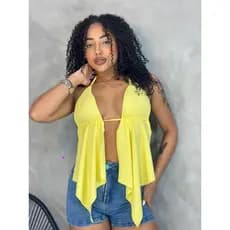 Cropped Bata Cortininha Boho amarração com bojo alça fina soltinha