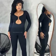 Macacão Manga Longa Argola Com Fenda Canelado Feminina