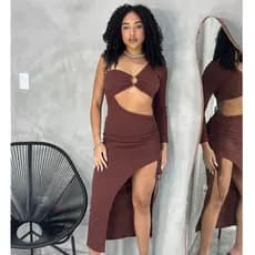 Vestido Argola Ombro Unico com  Fenda Moda Feminina
