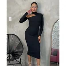Vestido Longo Feminino Gola Alta com bojo Manga Longa
