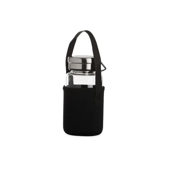 Garrafa de Vidro borossilicato 650 ml com peneira infusora e capa de neoprene com alça