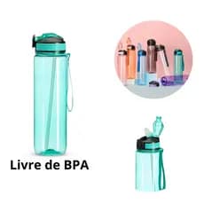 Squeeze Garrafa Plástico 1L grande Livre de BPA colorida bico com canudo tampa protetora com cordão