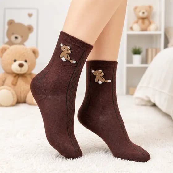 Pares de Meias Femininas Cano Médio Estampas de Ursinhos Variadas 35-40