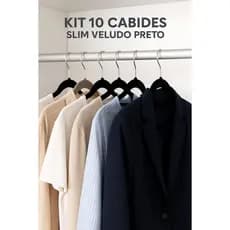 Kit 10 Unidades Cabides Slim Ultra Fino Veludo Preto Adulto Antiderrapante com Gancho Giratório