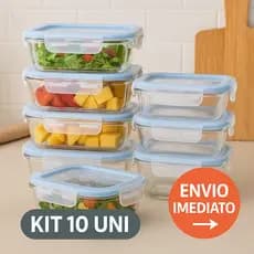 Kit 10 Potes de Vidro Hermético Divisórias Marmita Fit Tampa 4 Travas Não Vaza Retangular Microondas