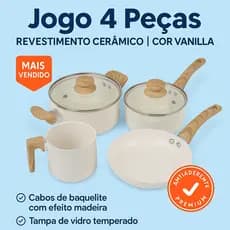 Kit Jogo Panelas Cerâmica Antiaderente Vanilla com Tampa de Vidro/ Gás, elétrico e vitrocerâmico - 4 Pçs