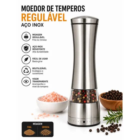 Moedor de Temperos Regulável Aço Inox Manual Sal Rosa Pimenta do Reino Moagem Fina e Grossa