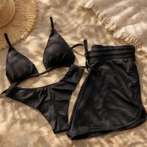 Biquíni feminino com saída de praia Kit 3 Peças Cortininha Asa Delta E Short tecido premium
