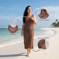 Saída de Praia Vestido Regata Midi Renda com Transparência Praia Piscina Verão
