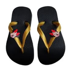 Chinelo Preto e Dourado Infantil Minnie Mouse Tira Slim Desenho Animado Menina Feminino