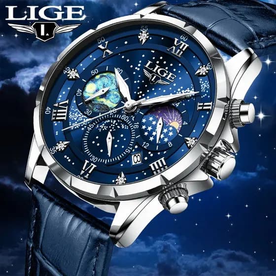 LIGE relogio original masculino quartzo céu estrelado couro negócios esportes à prova dwaterproof água relógio de pulso luminoso cronógrafo data automática relógios