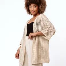 Kimono Cardigan Feminino Tricot Modal Efeito Croche Terceira Peça