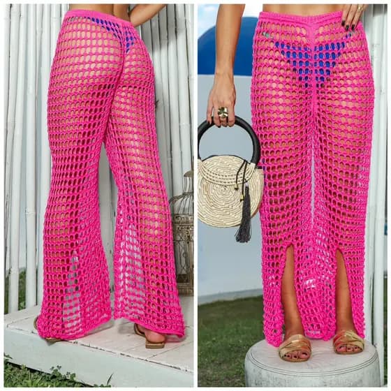 Calça Saída de Praia Tricot tipo Crochê Wide Leg