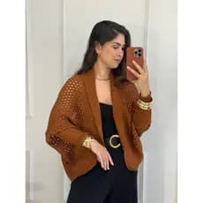 Cardigan Casulo Kimono Rendado Feminino Tricot Modal com punho