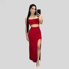 Conjunto Longo Top Alcinha Fina Saia Longa Com Fenda Lateral Elegante Casual Festa Balada Moda Gringa  Verão Praia top..