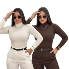 Kit 2 Blusa Feminina Gola Cacharrel Manga Longa Gola Alta Basica Segunda Pele sem Bojo Casual Inverno Canelada Premium