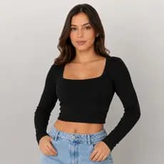 Blusinha Decote Quadrado  Feminina  Manga Longa  Ana Ruga Canelado Premium Tendencia Outono Inverno Modelador