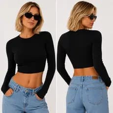 Kit 2 Cropped Feminino Manga Longa Gola Redonda Básico Casual Blusa Justa Tecido Macio Moda Feminina Tamanho Único Slim