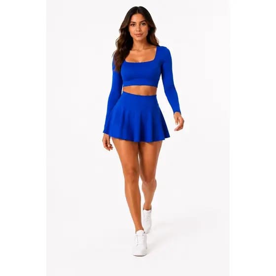 Conjunto Croped Decote Quadrado Manga Longa Saia Short Feminina Academia Fitness Cintura Alta Modeladora Legging Fitness
