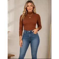 Blusa Feminina ANA RUGA Canelada Manga Longa Gola Alta Basica Tendencia Casual Moderna Segunda Pele Outono e Inverno