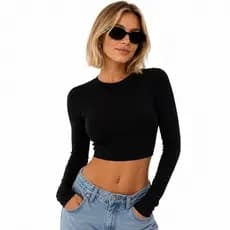 Cropped Feminino Manga Longa Gola Redonda Básico Casual Blusa Justa Tecido Macio Moda Feminina Tamanho Único Slim Fit