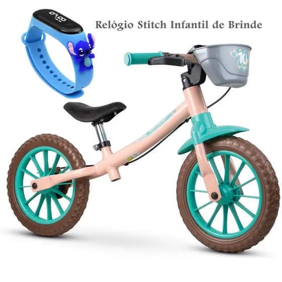 Bicicleta Infantil de Equilíbrio Nathor Balance Bike Love Aro 12 + Relógio Infantil