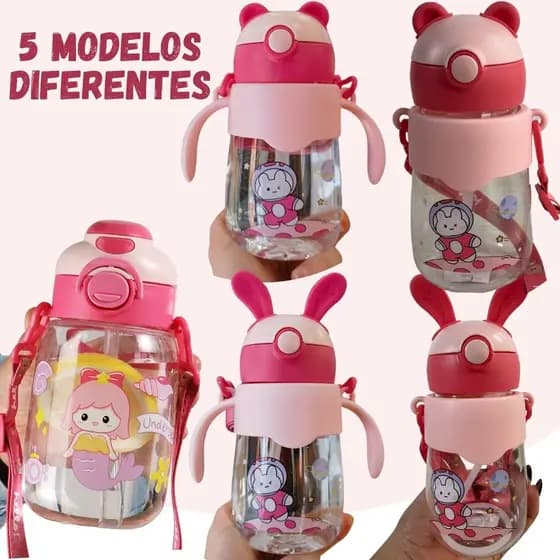 Garrafas De Água Para Meninas Criança Infantil Rosa com Bico duplo 700ml Com Alça Regulável