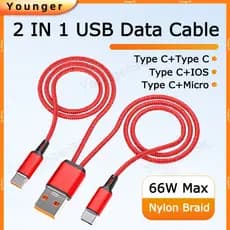 Cabo Anti-Dobra Tecido De Nylon 2 Em 1 | De Dados De Carregamento Rápido De 66 W Carregador USB Para Tipo C/ios/Micro Te