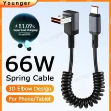 Cabo De Dados Telescópico Enrolado Com Mola De Carro | Carregador De Telefone USB Para Tipo C De 66 W Carregamento Rápid