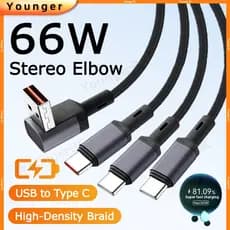 Cabo Tecido De Alta Densidade 3 Em 1 | De Dados Anti-Dobra Com Design De Cotovelo Estéreo De 66 W Carregamento Rápido US