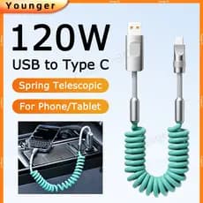 Cabo De Dados Telescópico De Mola De Carro 120W | Carregamento Rápido USB Para Tipo C Cordão Tecido Em Liga De Zinco Cel