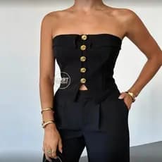 Blusa cropped tomara que caia feminino sustentação com botões dourados tendencia 2026 verão estilo corset blogueira
