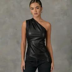 Blusa Feminino Couro Eco Manga Nula Tendência Assimétrica Ombro Único Elegante Inverno/Verão 2026 Chic