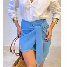 Short Saia linho feminino Amarração lateral Alfaiataria Tendência Inverno 2026 Casul laço Moda Gringa
