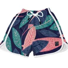 Short Feminino Premium Básico Estampado Casual Ou Treino Soltinho Seca Rápido Folhas Azul
