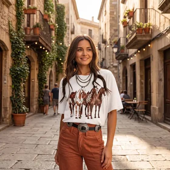 Camisa Feminina Country Com Estampa De Cavalos Malha Algodão Blusa T Shirt Country Roupas Modas Top