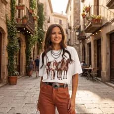 Camisa Feminina Country Com Estampa De Cavalos Malha Algodão Blusa T Shirt Country Roupas Modas Top