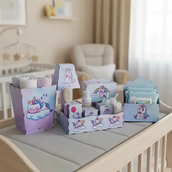 Kit Higiene Bebê Adesivado Decorado Mdf 8 Peças Chá de Bebê Presente Infantil