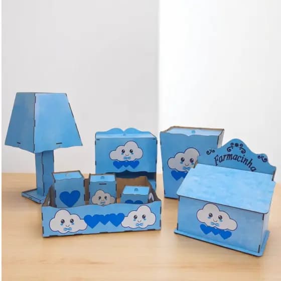 Kit Higiene para Bebê Chuva De Amor Adesivado Decorado Mdf 8 Peças Presente Chá de Bebê