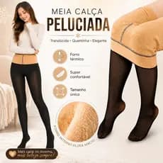 Meia Calça De Lã Térmica Translúcida Pelúcia Forrada Pelinho Frio Sem Costura nas Pernas